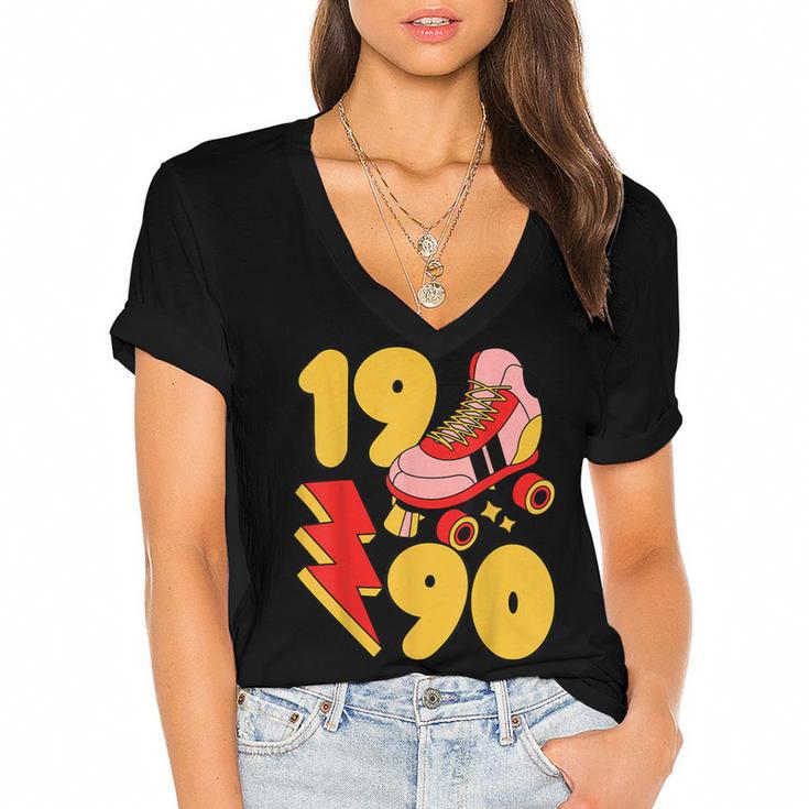 1990 Retro Roller Skate Vintage 90s Nostalgia Collector Women's Jersey Short Sleeve Deep V-Neck Tshirt				