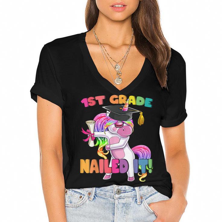1st Grade Nailed It Flossing Unicorn Graduation Shirt Women's Jersey Short Sleeve Deep V-Neck Tshirt				