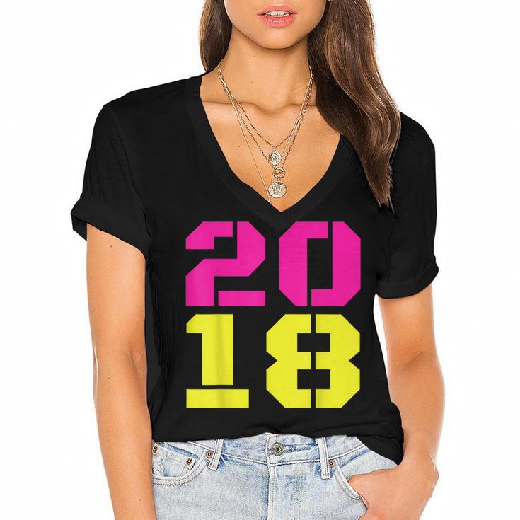2018 Big Neon Numbers For The New Year Or Graduation Women's Jersey Short Sleeve Deep V-Neck Tshirt				