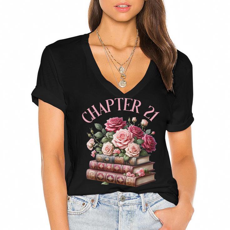 21st Birthday Chapter 21 Birthday Shirt Women Book Lover Women's Jersey Short Sleeve Deep V-Neck Tshirt				