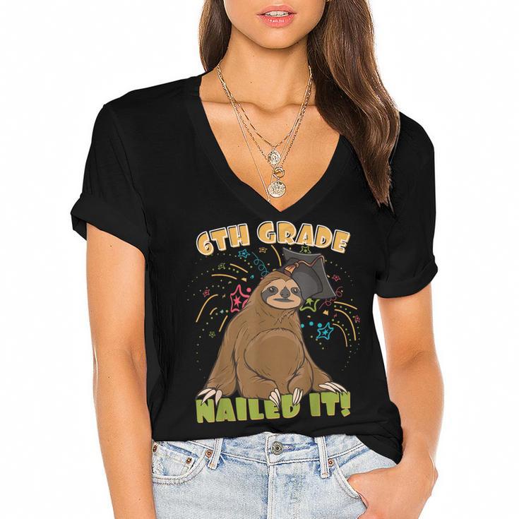 6th Grade Graduation Sloth Nailed It Class Of 2025 Women's Jersey Short Sleeve Deep V-Neck Tshirt				