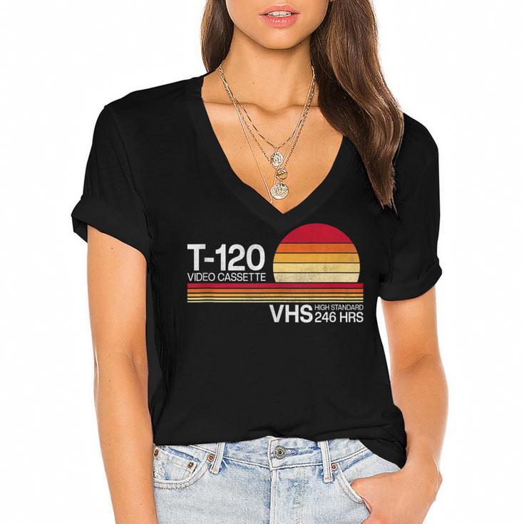 70's 80's 90's Music Nostalgia Video Cassette Tape VHS Retro Women's Jersey Short Sleeve Deep V-Neck Tshirt