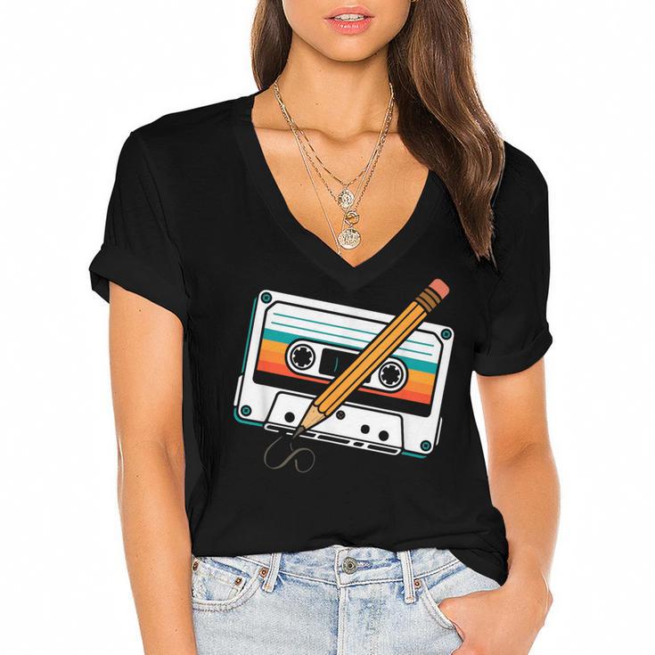 80 S 80s 90s Cassette Tape Nostalgia Retro Band Women's Jersey Short Sleeve Deep V-Neck Tshirt