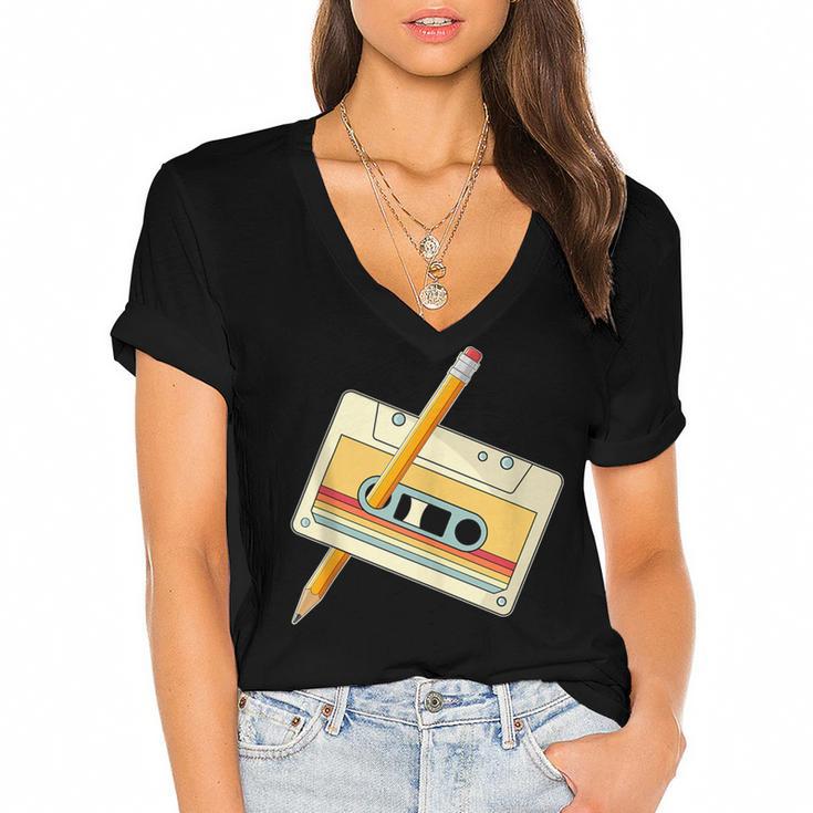 80's 90's Retro Music Party Costume Nostalgia Cassette Women's Jersey Short Sleeve Deep V-Neck Tshirt