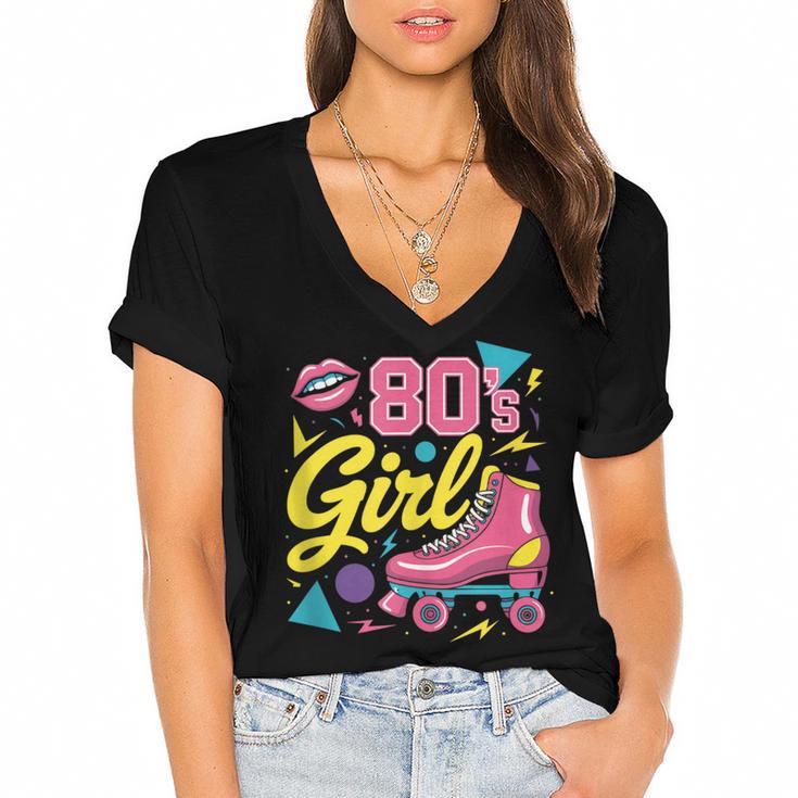 80's Girl Roller Skates Skating Eighties 1980s Nostalgia Women's Jersey Short Sleeve Deep V-Neck Tshirt