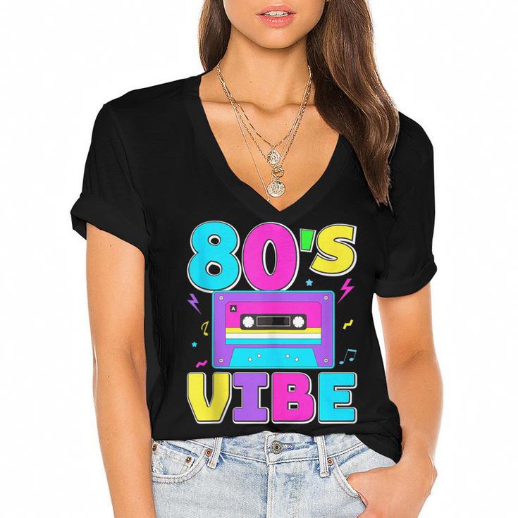 80's Vibe Retro Style Cassette Tape Nostalgia 1980s Party Women's Jersey Short Sleeve Deep V-Neck Tshirt