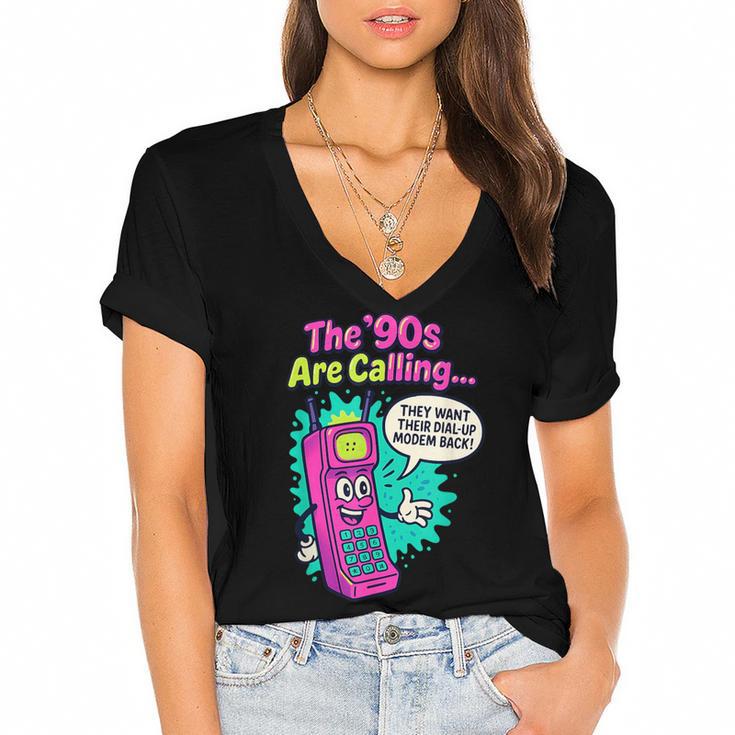 The 90s Are Calling Retro 90s Kid Nostalgia Gag Meme Women's Jersey Short Sleeve Deep V-Neck Tshirt				