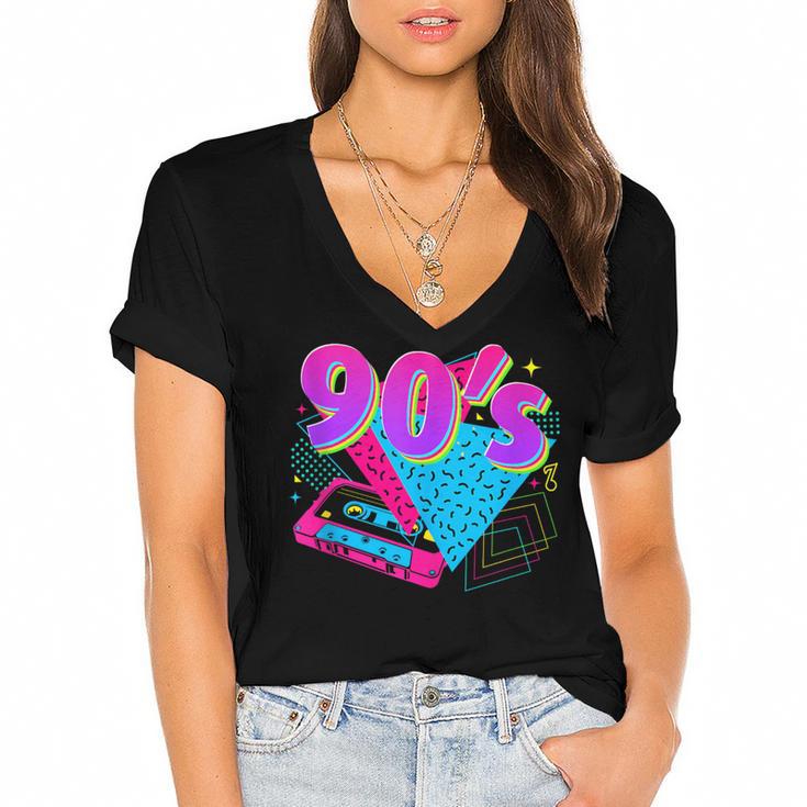 90's Vibe Retro Style Cassette Tape Nostalgia 1990s Party Women's Jersey Short Sleeve Deep V-Neck Tshirt