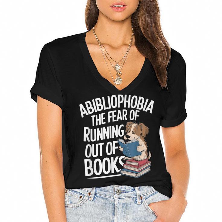 Abibliophobia Dog Book Lover Library Women's Jersey Short Sleeve Deep V-Neck Tshirt				
