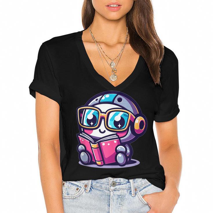 Adorable Book Lover Robot With Reading Glasses Cute Women's Jersey Short Sleeve Deep V-Neck Tshirt				