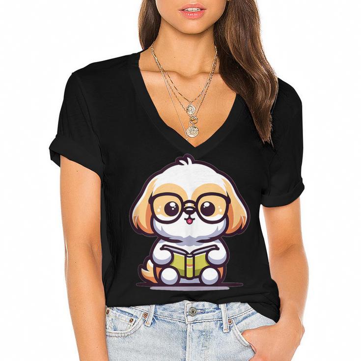 Adorable Book Lover Shih Tzu With Reading Glasses Cute Women's Jersey Short Sleeve Deep V-Neck Tshirt				