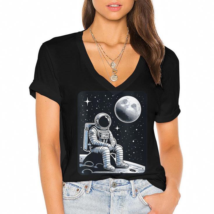 Aesthetic Spaceman Astronaut On The Moon Space Introvert Women's Jersey Short Sleeve Deep V-Neck Tshirt