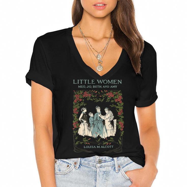 Alcott Little Women Characters Literature Book Illustration Women's Jersey Short Sleeve Deep V-Neck Tshirt
