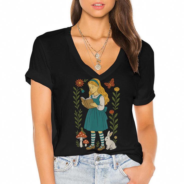 Alice In Wonderland Book Lover Lewis Carroll Rabbit Women's Jersey Short Sleeve Deep V-Neck Tshirt				