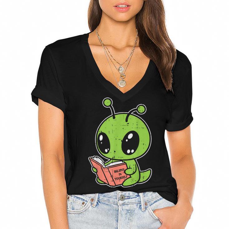 Alien Reading Book Believe In Yourself Kids Women Men Women's Jersey Short Sleeve Deep V-Neck Tshirt				