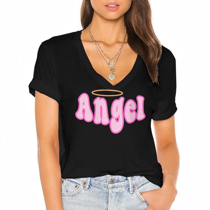 Angel Y2k Aesthetic 2000s Millennial Nostalgia Retro Pink Women's Jersey Short Sleeve Deep V-Neck Tshirt				