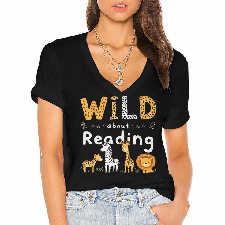 Animal Print Read A Book Character Kids Wild About Reading Women's Jersey Short Sleeve Deep V-Neck Tshirt				