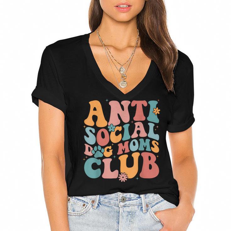 Anti Social Dog Moms Club Introvert Dog Mom Retro Men Women Women's Jersey Short Sleeve Deep V-Neck Tshirt
