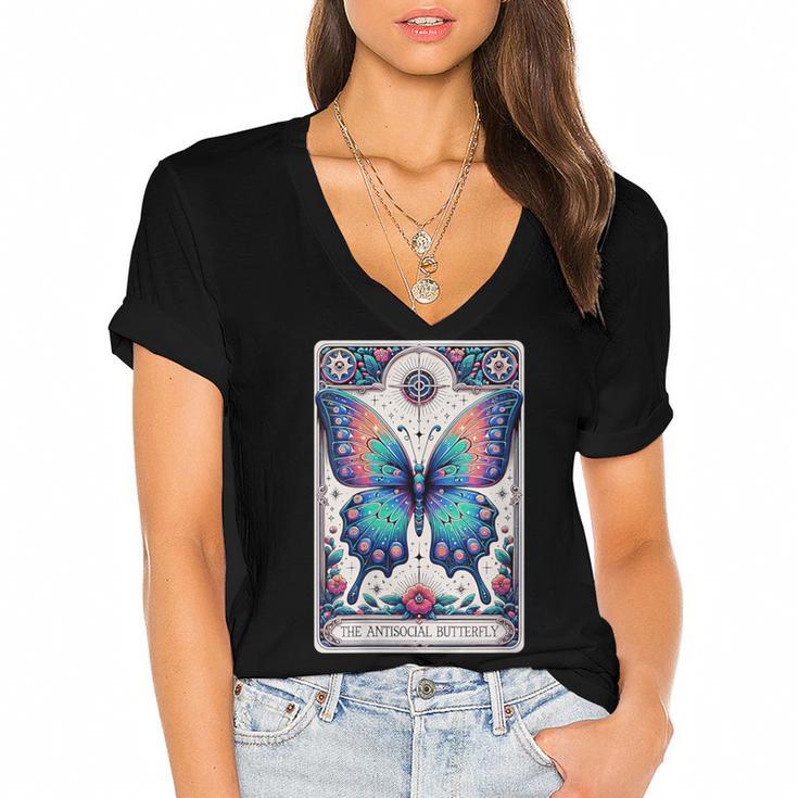 Antisocial Butterfly Introvert Distressed Women's Jersey Short Sleeve Deep V-Neck Tshirt