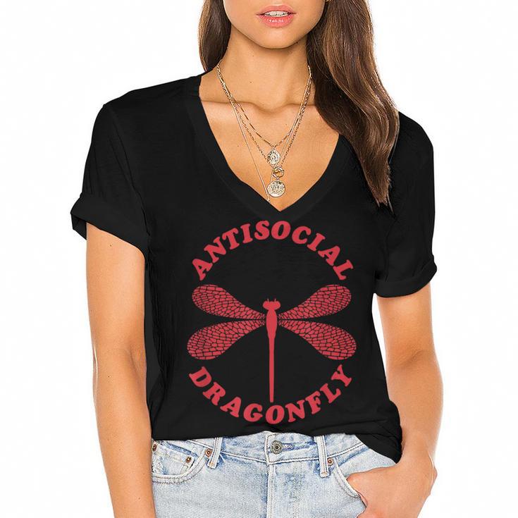 Antisocial Dragonfly Introvert Humor Nature Insect Graphic Women's Jersey Short Sleeve Deep V-Neck Tshirt