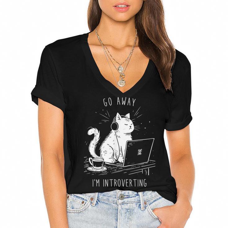 Antisocial Introvert Cat With Coffee On Computer Emo Goth For Men Women Women's Jersey Short Sleeve Deep V-Neck Tshirt