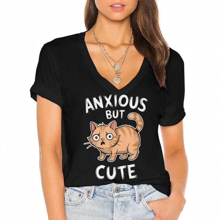 Anxious But Cute Anxiety Meme Cat Lover Introvert For Men Women Women's Jersey Short Sleeve Deep V-Neck Tshirt