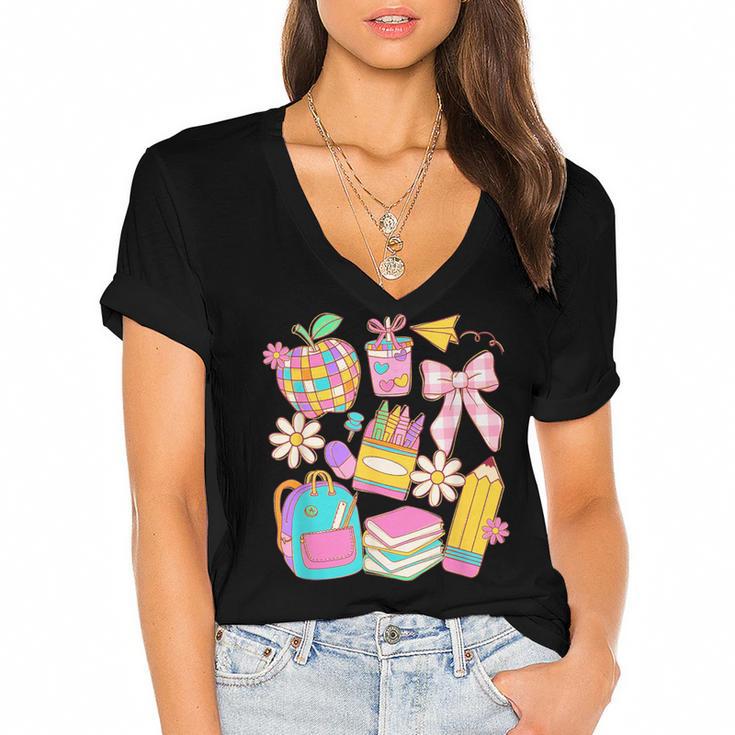 Apple Disco Pencil Books Bow Teacher Student Back To School Women's Jersey Short Sleeve Deep V-Neck Tshirt				