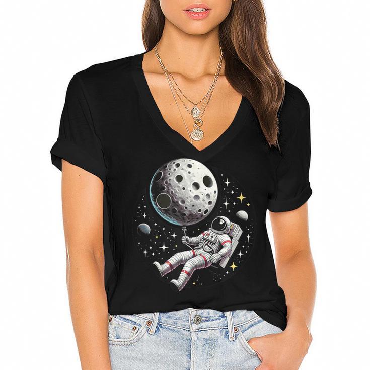 Astronaut Aesthetic Holding Moon Balloon Planets Introvert Women's Jersey Short Sleeve Deep V-Neck Tshirt