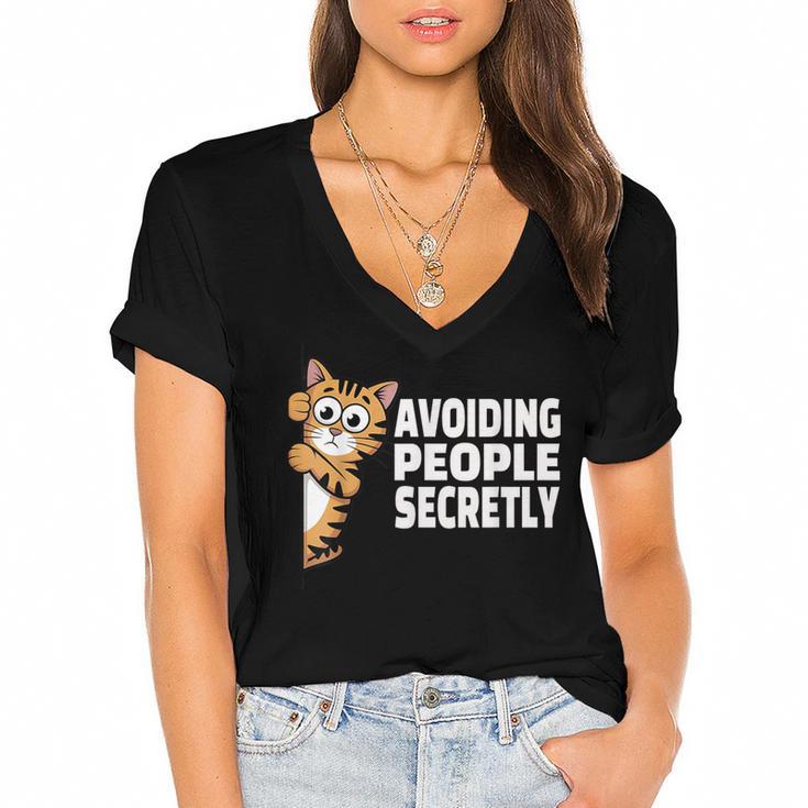 Avoiding People Secretly Cat Introvert Humor Women's Jersey Short Sleeve Deep V-Neck Tshirt				