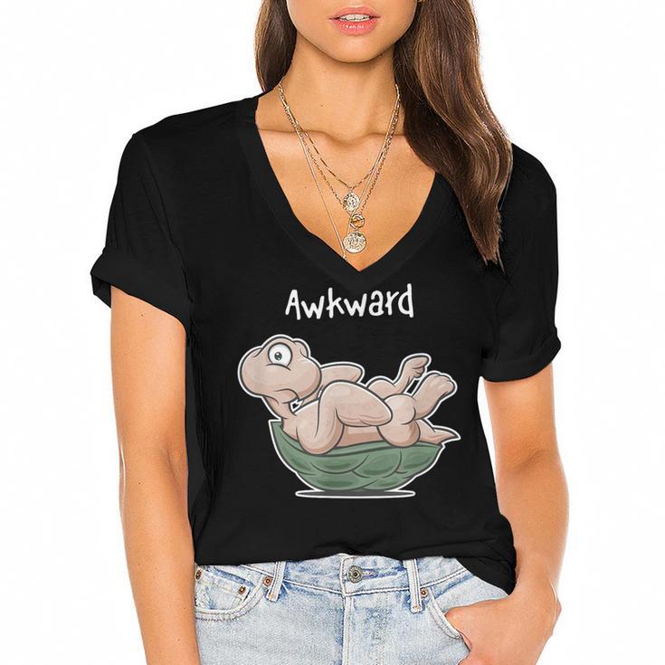 Awkward Turtle Upside Down Witty Comical Introvert Women's Jersey Short Sleeve Deep V-Neck Tshirt
