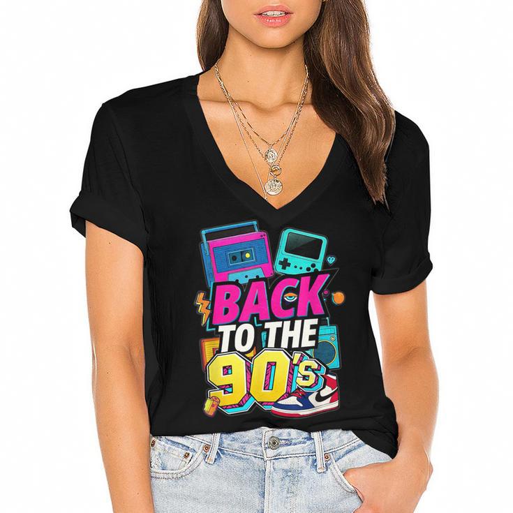Back To The 90s Nostalgia Cassette Game Console Boombox Women's Jersey Short Sleeve Deep V-Neck Tshirt				