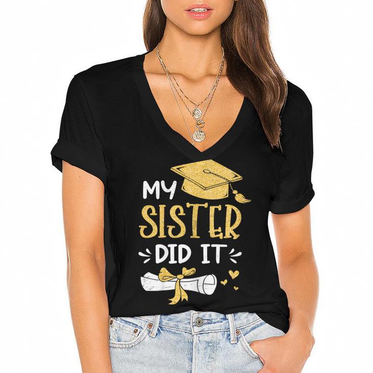 Back To School My Sister Did It Graduation Proud Sister Graduated Female X-Small Women's Jersey Short Sleeve Deep V-Neck Tshirt				