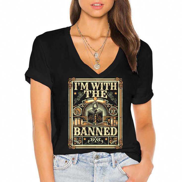 Banned Books Librarian Book Readers I m With The Banned Women's Jersey Short Sleeve Deep V-Neck Tshirt