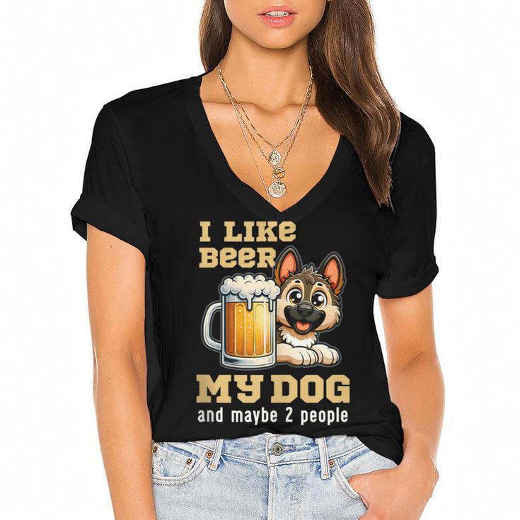 I Like Beer My Dog And Maybe 2 People Introvert Pun Women's Jersey Short Sleeve Deep V-Neck Tshirt