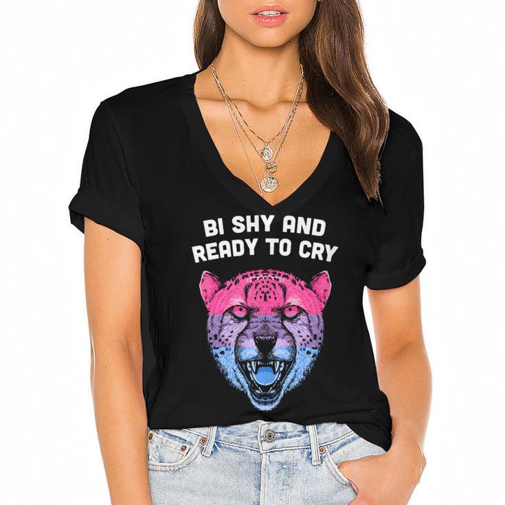 Bi Shy And Ready To Cry Bisexual Introvert Bi Pride Women's Jersey Short Sleeve Deep V-Neck Tshirt