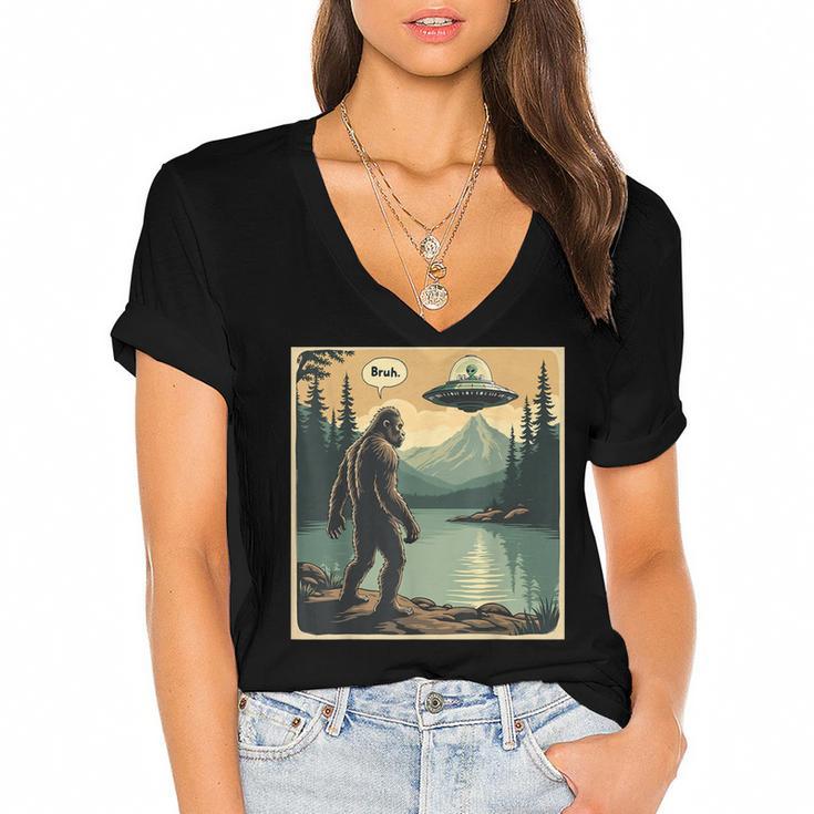 Bigfoot Sasquatch Alien Spaceship UFO Introvert Bruh Women's Jersey Short Sleeve Deep V-Neck Tshirt