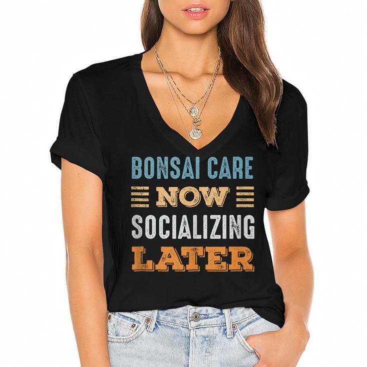 Bonsai Care Now Minimal Socializing Introvert Vintage Women's Jersey Short Sleeve Deep V-Neck Tshirt
