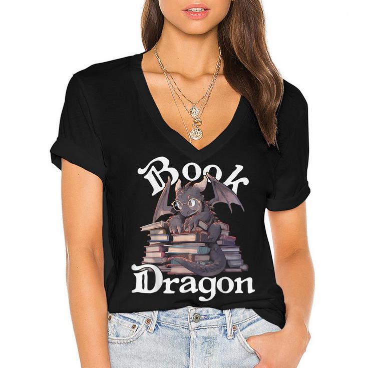 Book Dragon Book Lover Bookworm Book Reader Librarian Women's Jersey Short Sleeve Deep V-Neck Tshirt				