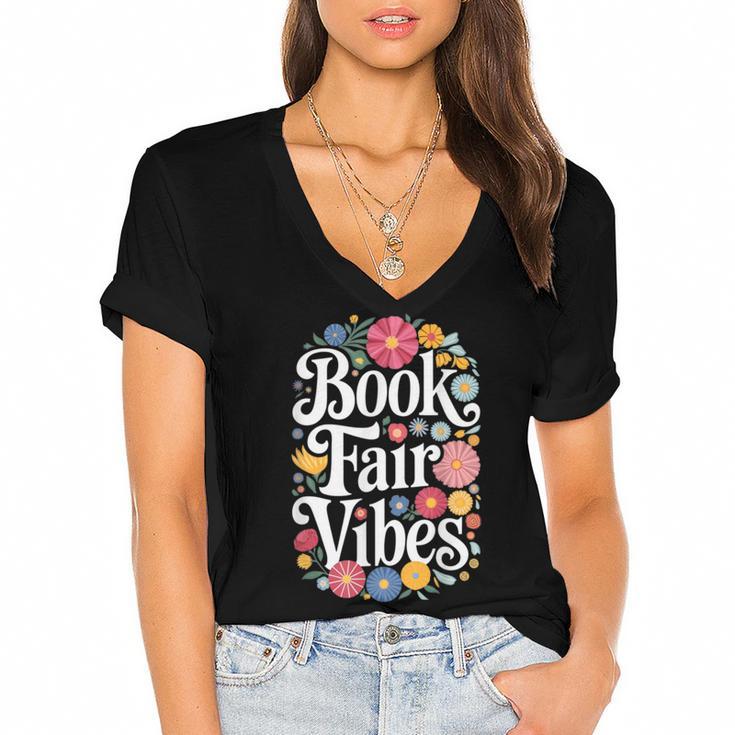 Book Fair Vibes Groovy 70s Retro School Librarian Women's Jersey Short Sleeve Deep V-Neck Tshirt				