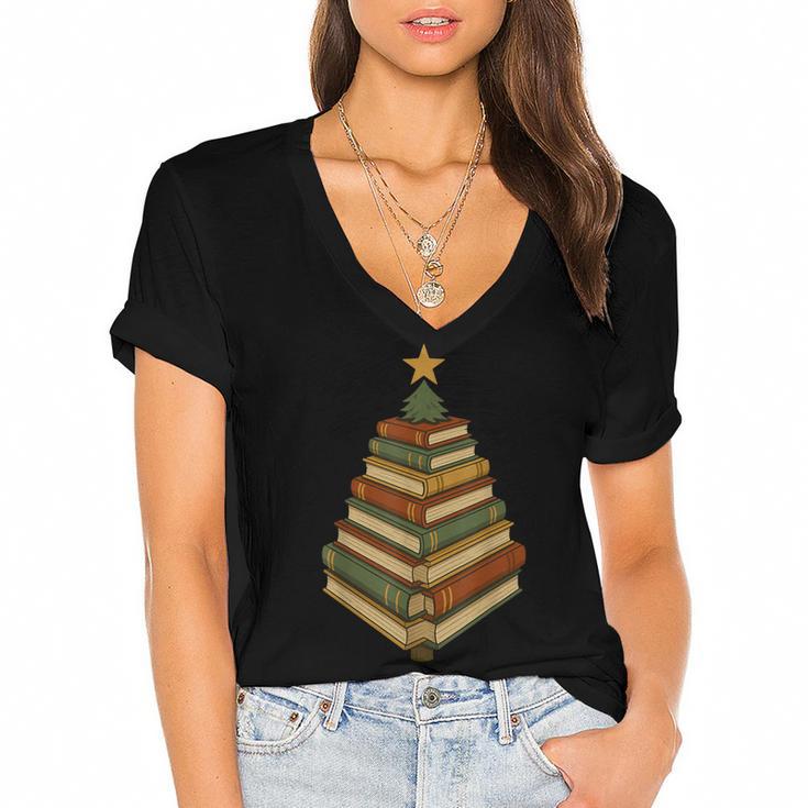Book Lover Christmas Graphic For Librarians Women's Jersey Short Sleeve Deep V-Neck Tshirt