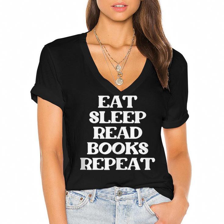 Book Lover Book Eat Sleep Read Books Repeat Women's Jersey Short Sleeve Deep V-Neck Tshirt				