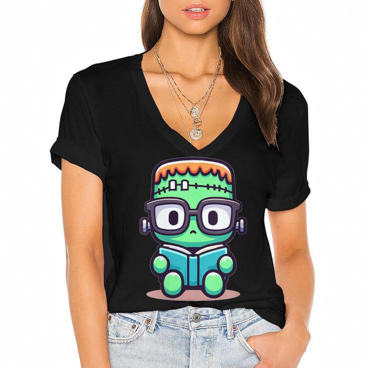 Book Lover Frankenstein's Monster With Reading Glasses Women's Jersey Short Sleeve Deep V-Neck Tshirt