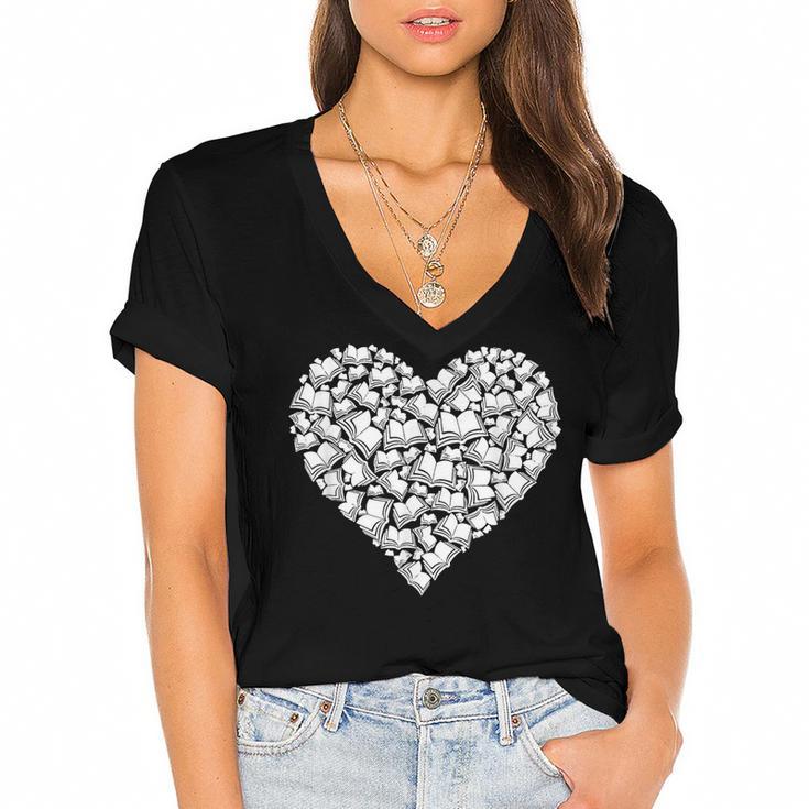 Book Lover Heart Shape Reading Librarian Library Teacher Women's Jersey Short Sleeve Deep V-Neck Tshirt				