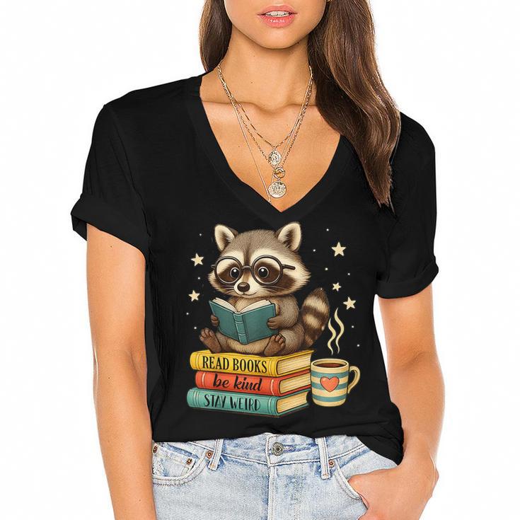 Book Lover Racoon Reading Bookish Library Read Books Be Kind Women's Jersey Short Sleeve Deep V-Neck Tshirt