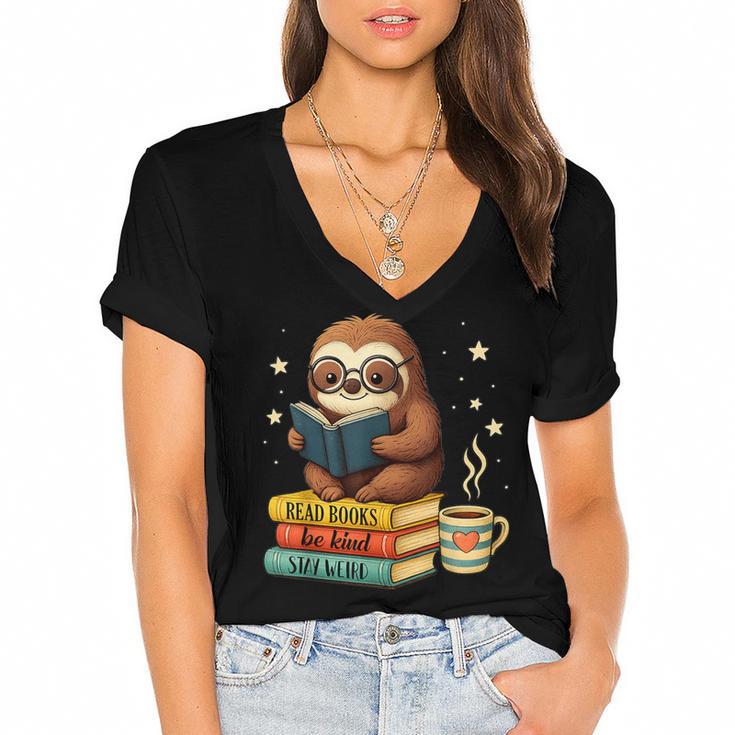 Book Lover Sloth Reading Bookish Library Read Books Be Kind Women's Jersey Short Sleeve Deep V-Neck Tshirt				