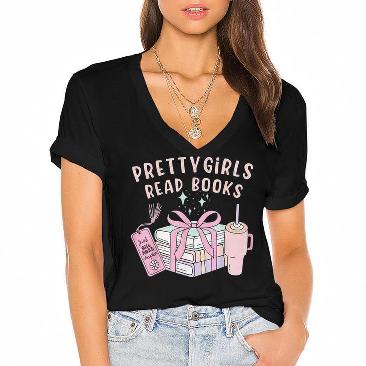 Book Lover's Pretty Girl's Read Books Women's Jersey Short Sleeve Deep V-Neck Tshirt				