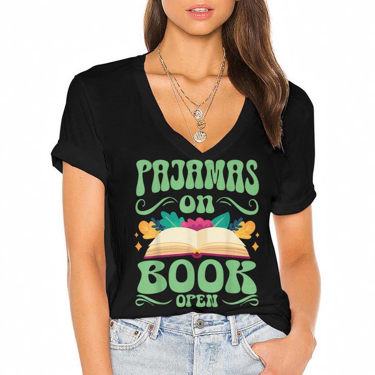 Book And Pajama Pajamas On Book Open Women's Jersey Short Sleeve Deep V-Neck Tshirt				