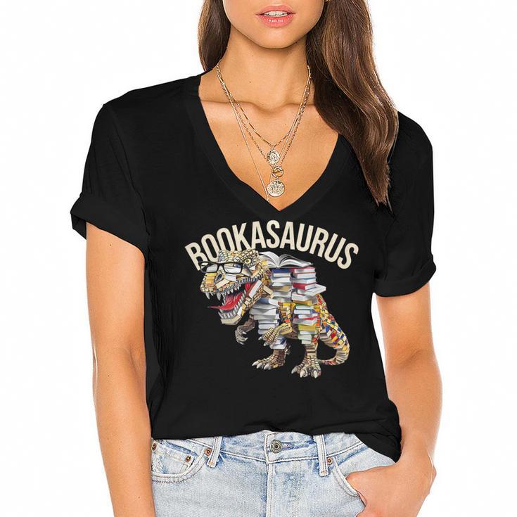 Book Reading Dinosaur T-Rex Dino Bookworm Women's Jersey Short Sleeve Deep V-Neck Tshirt				