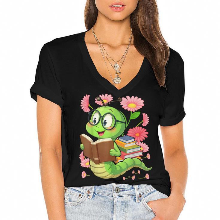 Book Worm Costume World Book Day Cute Kawaii Worm Reading Women's Jersey Short Sleeve Deep V-Neck Tshirt				