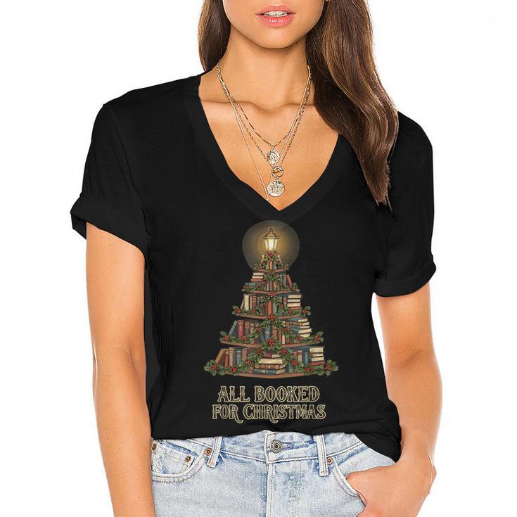All Booked For Christmas Book Tree Book Lover Teacher Women's Jersey Short Sleeve Deep V-Neck Tshirt				